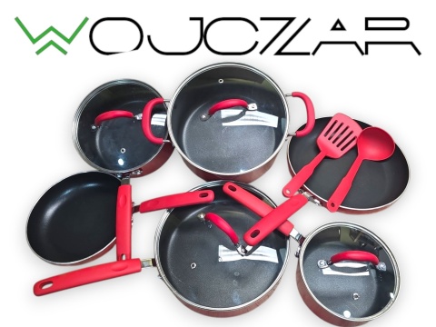 Amazon Basics zestaw garnków patelni 12 el. czerwony non-stick kompletny
